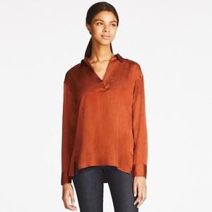 Uniqlo Blouse Women's M Brown Satin Long Sleeve‎ V-Neck Collared Pullover